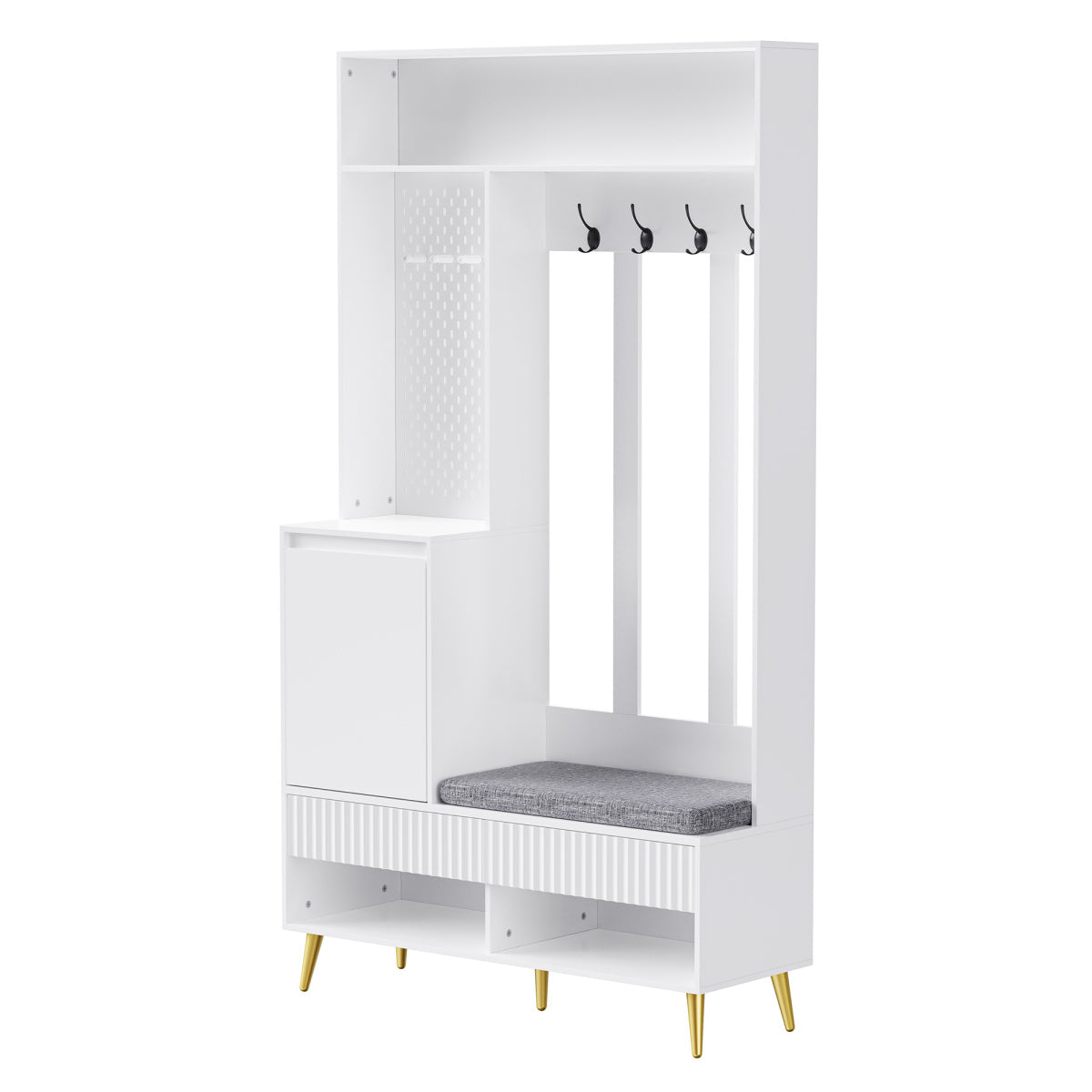 Garderoben-Set mit Schuhbank, Wandgarderobe mit 4 Haken, 2 Schubladen & Schranktür, MDF, Weiß, 100×35×180 cm