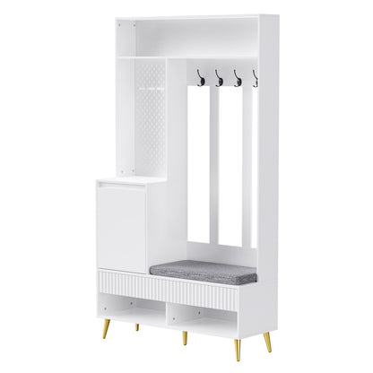 Garderoben-Set mit Schuhbank, Wandgarderobe mit 4 Haken, 2 Schubladen & Schranktür, MDF, Weiß, 100×35×180 cm