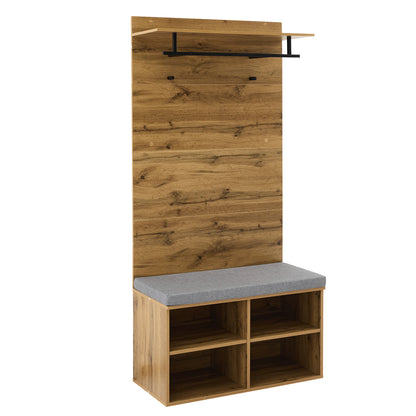 Garderobenset in Holzoptik mit Schuhbank, verstellbarem Regal, Kleiderstange und Polster, Praktische Flurmöbel