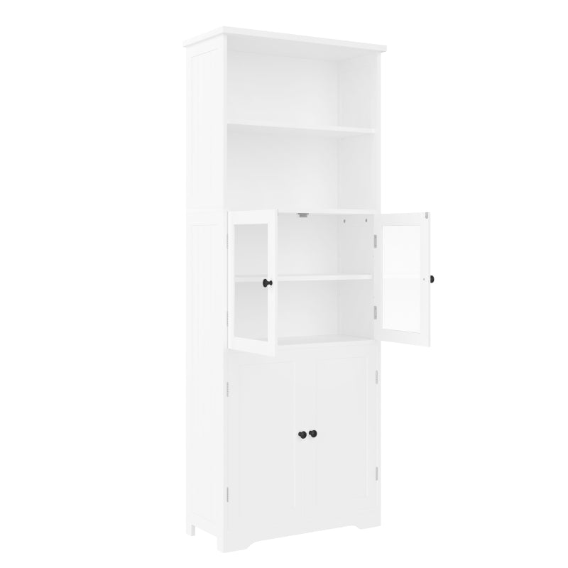 57.5 x 28.5 x 160cm Badezimmer-Hochschrank mit Stauraum, feuchtigkeitsbeständige Farbe, Glasschranktür, Holzschranktür, zwei offene Ablagefächer, verstellbare Trennwände, einfache Textur, weiß