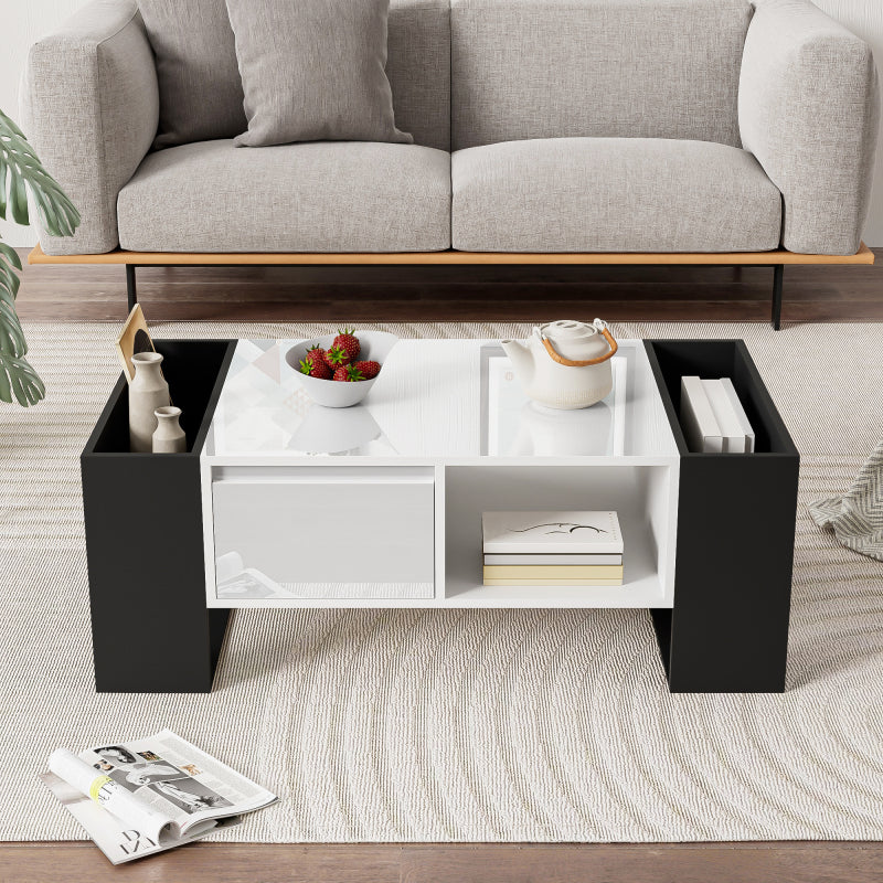 Moderner Couchtisch 105 x 60 x 40,5 cm – Schwarz-Weiß-Design mit hochglänzender Oberfläche, Schublade und 4 offenen Fächern
