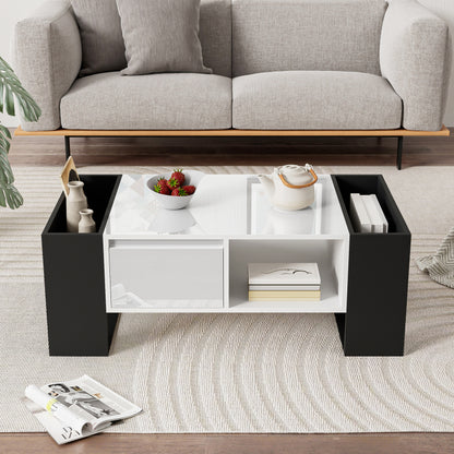 Moderner Couchtisch 105 x 60 x 40,5 cm – Schwarz-Weiß-Design mit hochglänzender Oberfläche, Schublade und 4 offenen Fächern