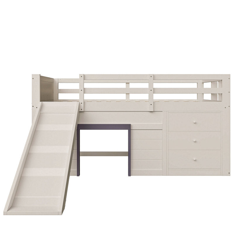 140 x 200 niedriges Hochbett mit Rutsche, drei Schubladen und zwei Türen, Creme