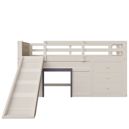 140 x 200 niedriges Hochbett mit Rutsche, drei Schubladen und zwei Türen, Creme