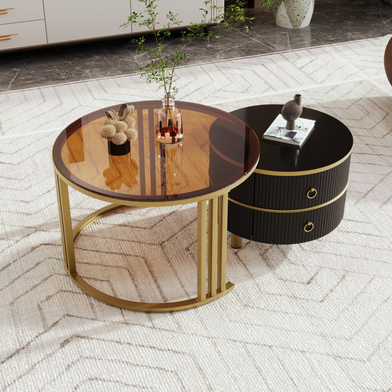 2-in-1 runder MDF-Couchtisch, Beistelltisch mit 1 Hochglanz-Tischplatte und 1 brauner Tischplatte aus gehärtetem Glas, Wohnzimmer-Couchtischkombination mit 2 Schubladen, 70*70*45 + 50*50*40 cm