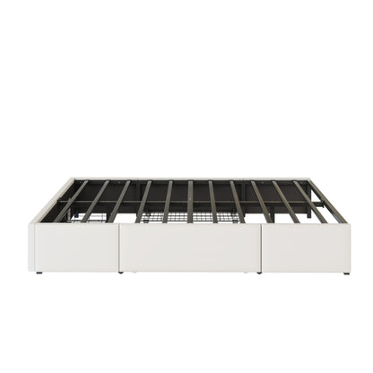Bettgestell 140X200 mit Schubladen, PU-Leder Bett ohne Kopfteil Mit LED-Lichtleiste, MetalllattenPlattformbett für moderne Schlafzimmer Beige