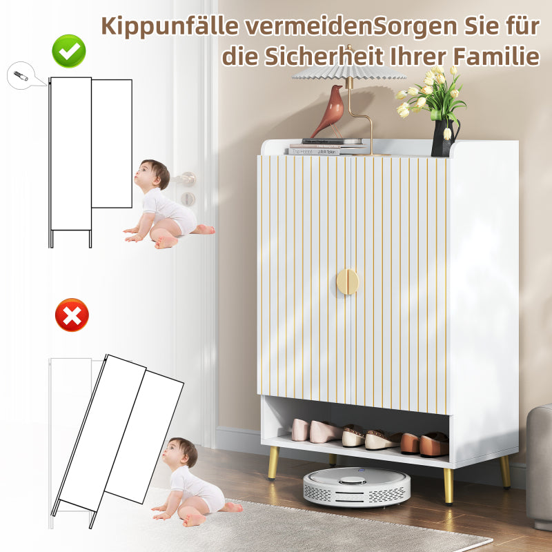 Moderner Paar-Tür-Schuhschrank, Foyer-Schrank-Speicher-Organisator-Schuhschrank, MDF-Schuhschrank, 3-stufiger Schuhschrank weiß, offene untere Schublade, 75*35*110cm, Tragfähigkeit 20KG