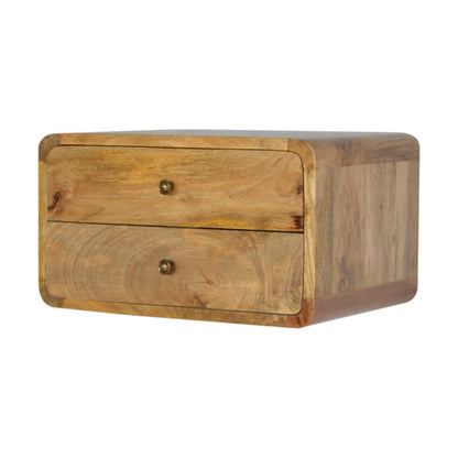 Schwebender Nachttisch aus massivem Mangoholz – Oak-ish Finish, 2 Schubladen, Wandmontage, Handgefertigt, Fertig montiert, 45x32x25 cm
