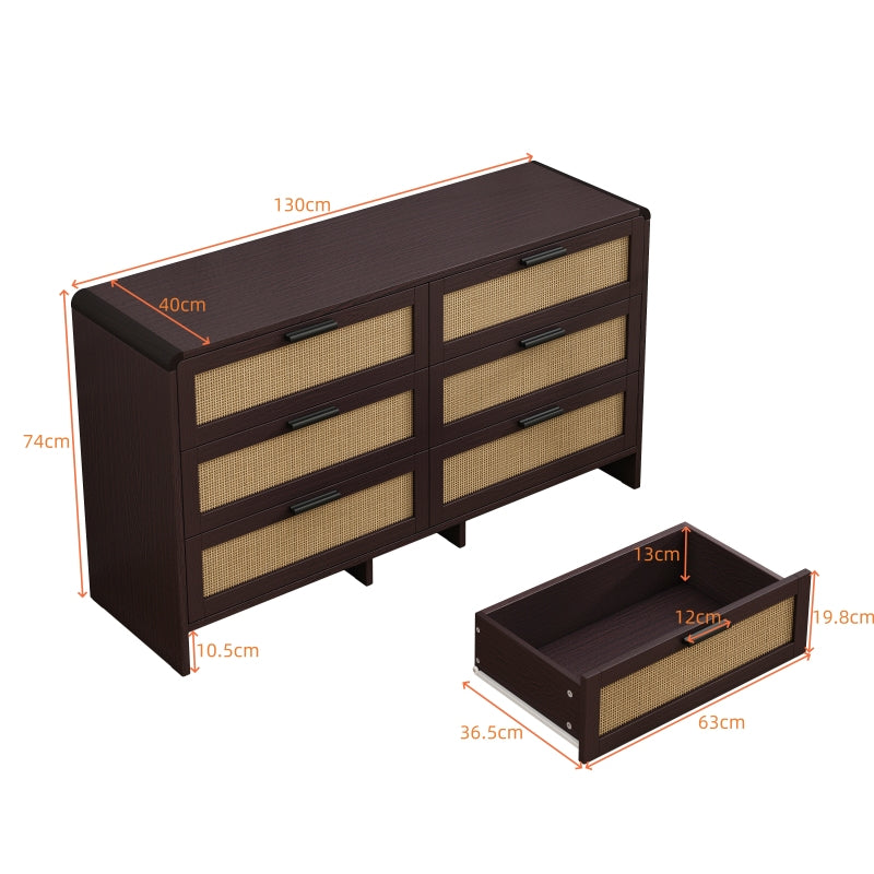 130CM Arc Shaped Corner Rattan Cabinet, 6-Drawers Rattan Storage Cabinet Rattan Drawer, for Living Room Bedroom,and Kitchen, Reddish-brown, Brown