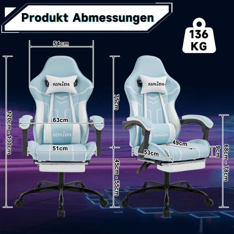 Gaming Stuhl Computerstuhl Ergonomischer Gaming Chair mit Fußstütze Bürostuhl Ergonomischer Computerstuhl mit Lendenwirbelstütze Bluewhite