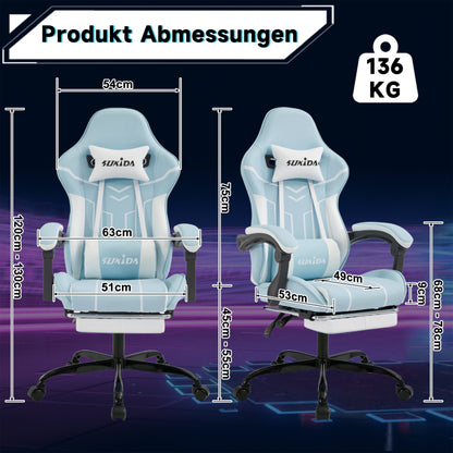 Gaming Stuhl Computerstuhl Ergonomischer Gaming Chair mit Fußstütze Bürostuhl Ergonomischer Computerstuhl mit Lendenwirbelstütze Bluewhite