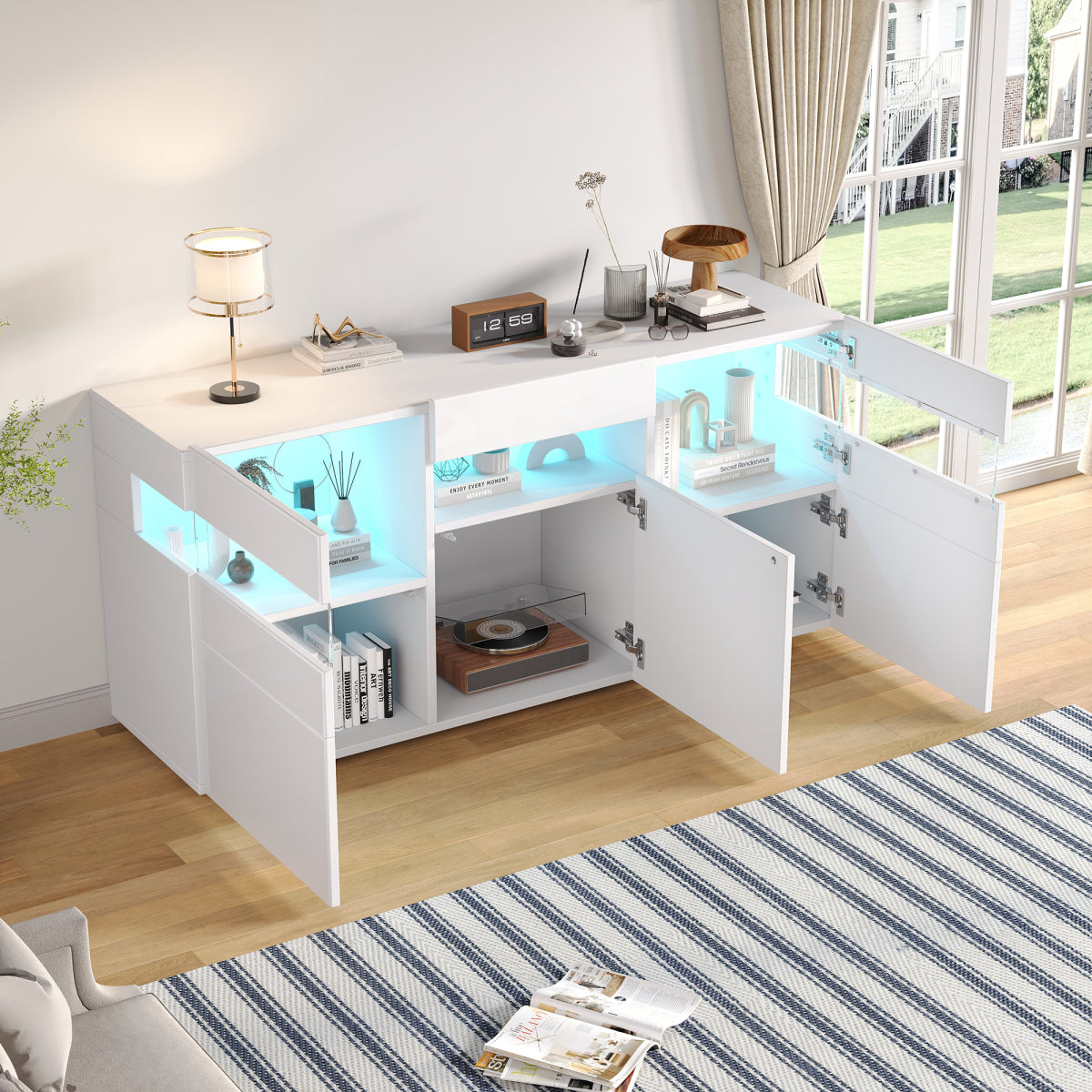 Sideboard 140 cm, Hochglanz Weiß, LED-Beleuchtung (App-Steuerung), 3 Türen