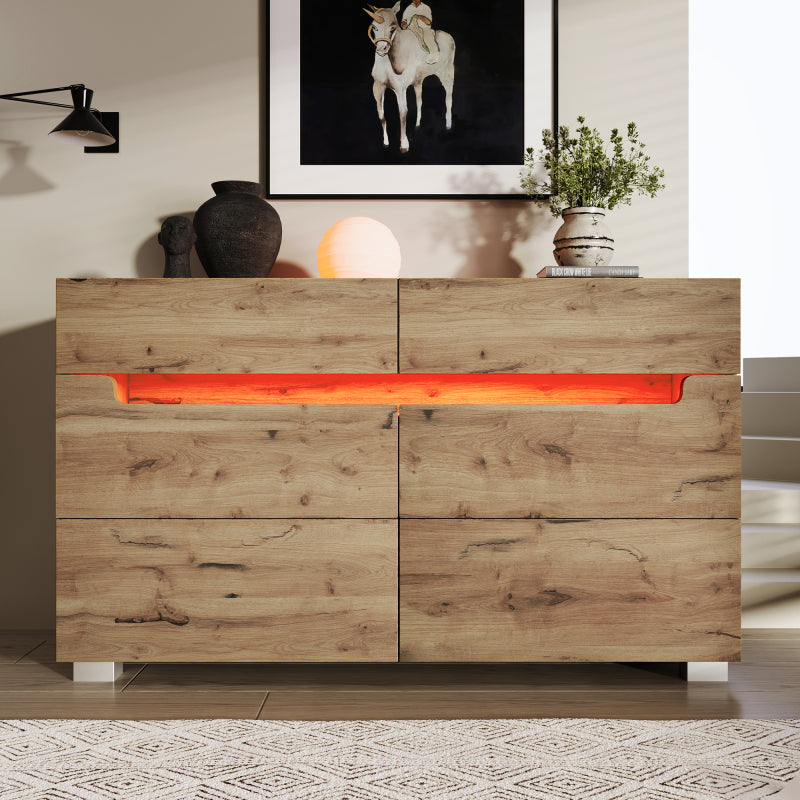 Kommode, Sideboard Holz mit 6 Schubladen, LED Beleuchtung (App Control), Mehrzweckschrank für Wohnzimmer und Schlafzimmer, 71 x 120 x 40 cm, Eiche