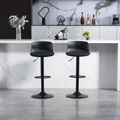 Moderne verstellbare Schwenk Barhocker 2er Set Kunststoff Rückenlehne Kunstledersitz Gasdruckheber Metallfuß mit Fußstütze. Schwarz