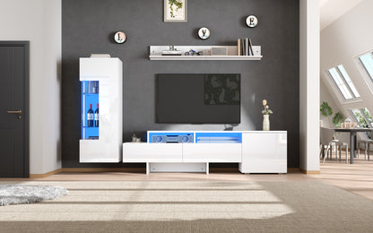 TV Wohnwand Set 3-teilig Weiß Hochglanz mit LED-Beleuchtung, TV-Schrank stehend und hängend, für Fernseher bis 70 Zoll