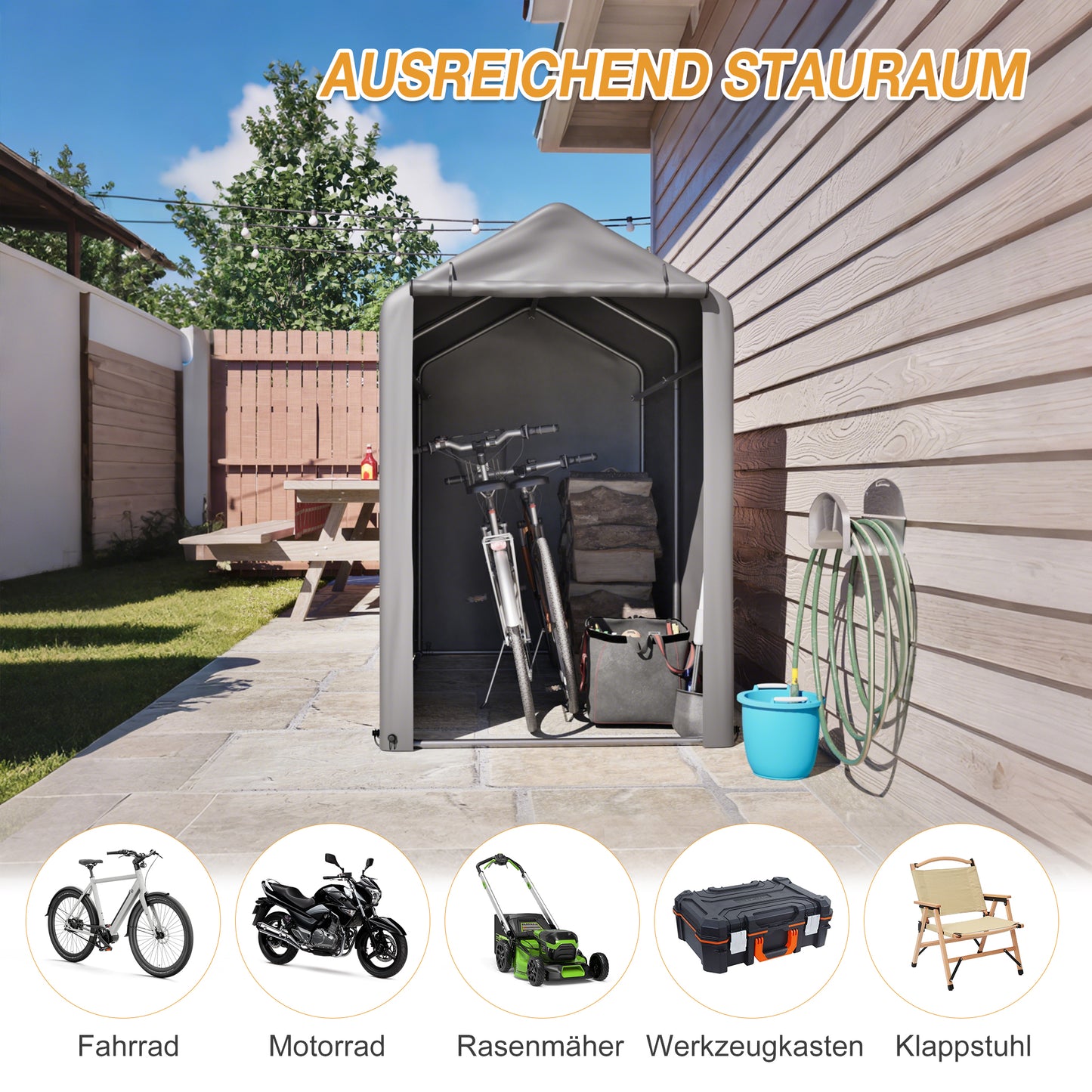 Fahrradgarage 187x100x160cm dunkelgrau wetterfest für Fahrräder und Gartengeräte