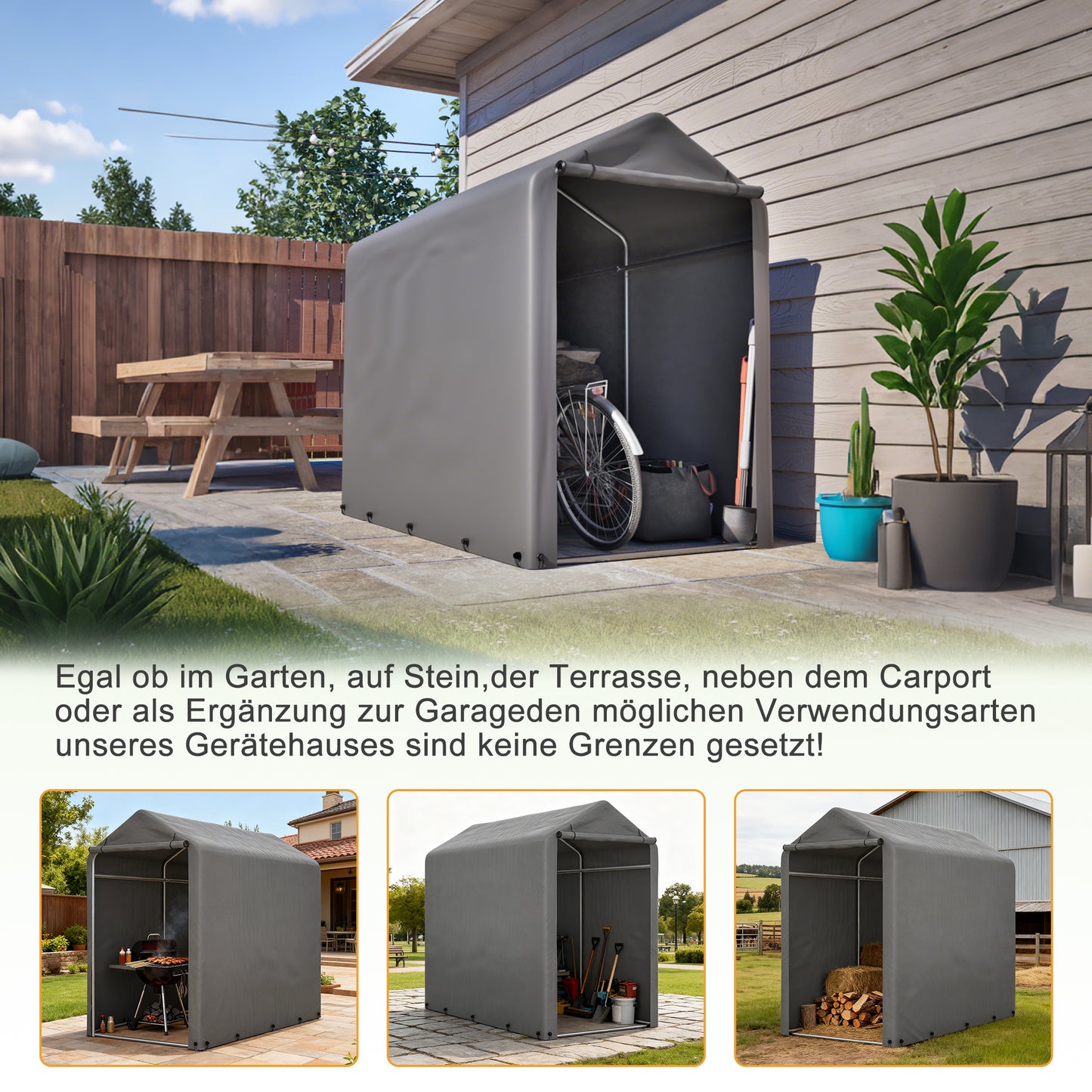 Fahrradgarage 187x100x160cm dunkelgrau wetterfest für Fahrräder und Gartengeräte