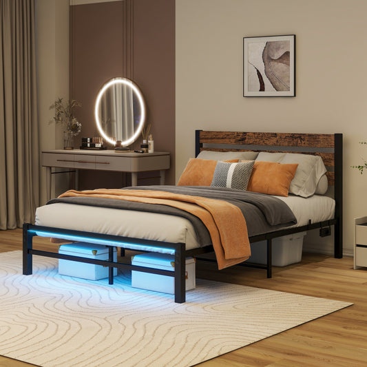 120x200cm Bettrahmen mit Kopfplatte, Metallbettrahmen mit USB-Ladestation, LED-Bettrahmen, Starke Stahlschicht-Unterstützung, Unter Bettlagerung, Keine Boxfeder erforderlich, Lärmfrei, Einfache Montag