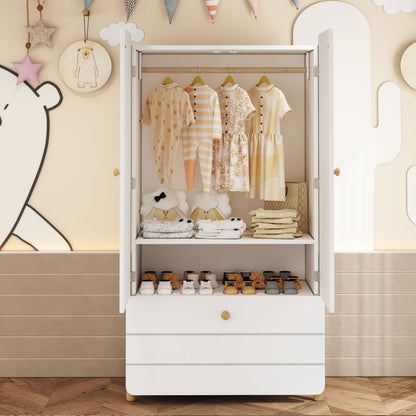 Geräumiger Kleiderschrank mit minimalistischen Linien und zarten holzfarbenen Füßen mit Staufächern, Schubladen und Kleiderbügeln, Farbblock-Design, Weiß