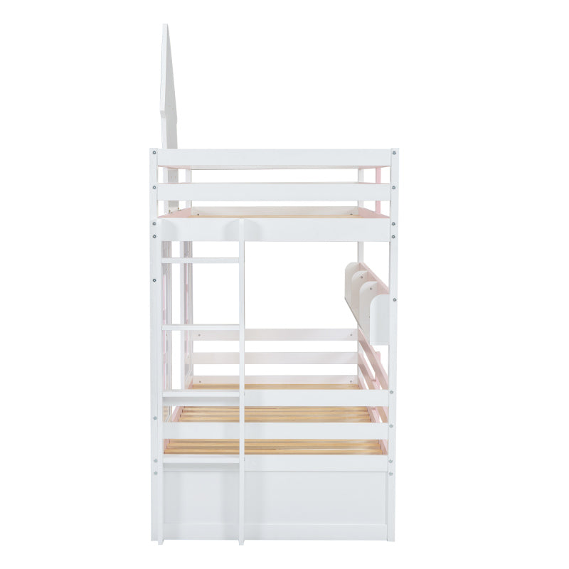 Etagenbett, Prinzessinnenbett, Kinderbett, Kinderbett mit Dach und Fenster, mit Fallschutzgitter, stabiles Geländer, Zwei Schubladen mit Rollen, Offenes Regal, Reichlich Stauraum, Kiefer+MDF,Weiß+Rose
