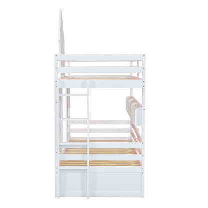 Etagenbett, Prinzessinnenbett, Kinderbett, Kinderbett mit Dach und Fenster, mit Fallschutzgitter, stabiles Geländer, Zwei Schubladen mit Rollen, Offenes Regal, Reichlich Stauraum, Kiefer+MDF,Weiß+Rose