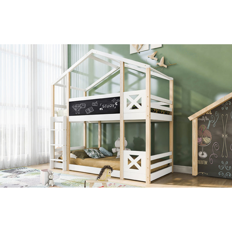 Kinderbett Baumhaus mit Rutsche & Leiter 90 x 200 cm, Hochbett für Kinder– 2x Lattenrost- Natur & Weiß