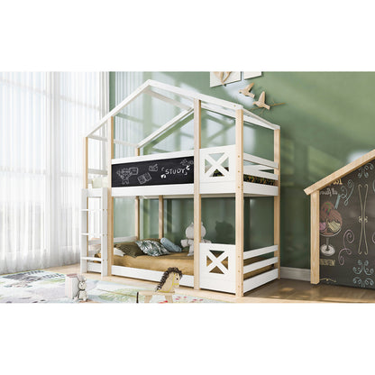 Kinderbett Baumhaus mit Rutsche & Leiter 90 x 200 cm, Hochbett für Kinder– 2x Lattenrost- Natur & Weiß