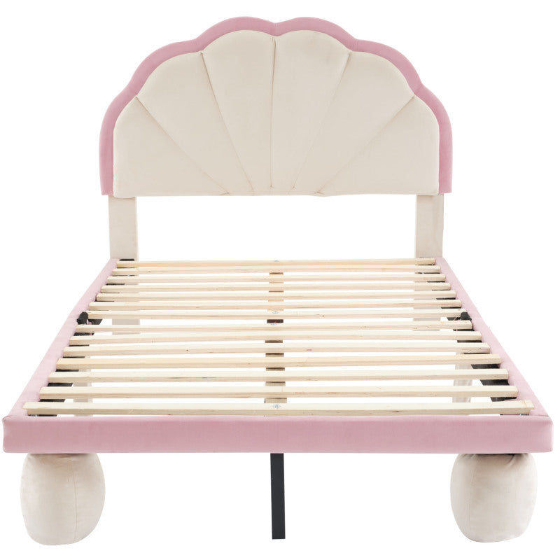 Polsterbett mit mehrfarbigen, wechselnden LED Lichtstreifen, Kopfteil mit Wellenschliff, mit gepolsterter runden Beine, Kinderbett mit Holzlatten, Einzelbett, Samt, Beige+Rosa, 90x200cm