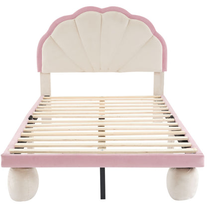 Polsterbett mit mehrfarbigen, wechselnden LED Lichtstreifen, Kopfteil mit Wellenschliff, mit gepolsterter runden Beine, Kinderbett mit Holzlatten, Einzelbett, Samt, Beige+Rosa, 90x200cm