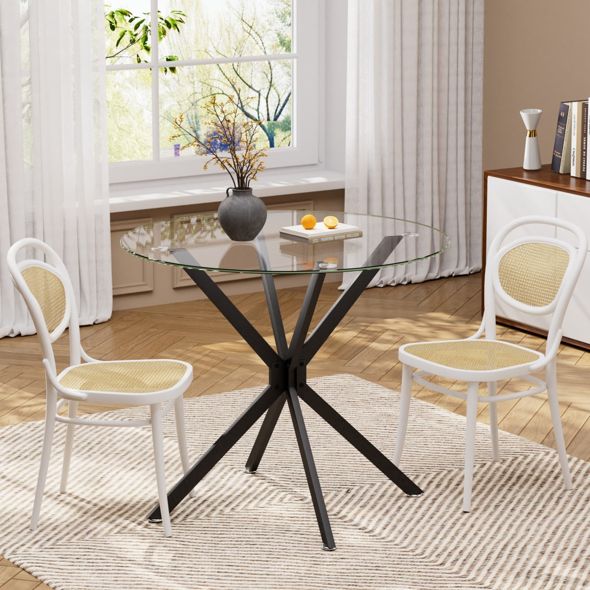 Esstisch Rund 90 cm Schwarz, Glastisch mit Gehärtetem Glas & Metallbeinen, Modernes Design