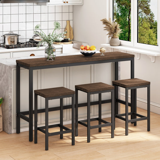 148CM Modern Design Kitchen Dining Table,Pub Table,Long Dining Table Set with 3 Stools;148CM Modernes Design Küche Esstisch,Kneipentisch,Langer Esstisch Set mit 3 Hockern,Einfache Montage,Dunkelbraun