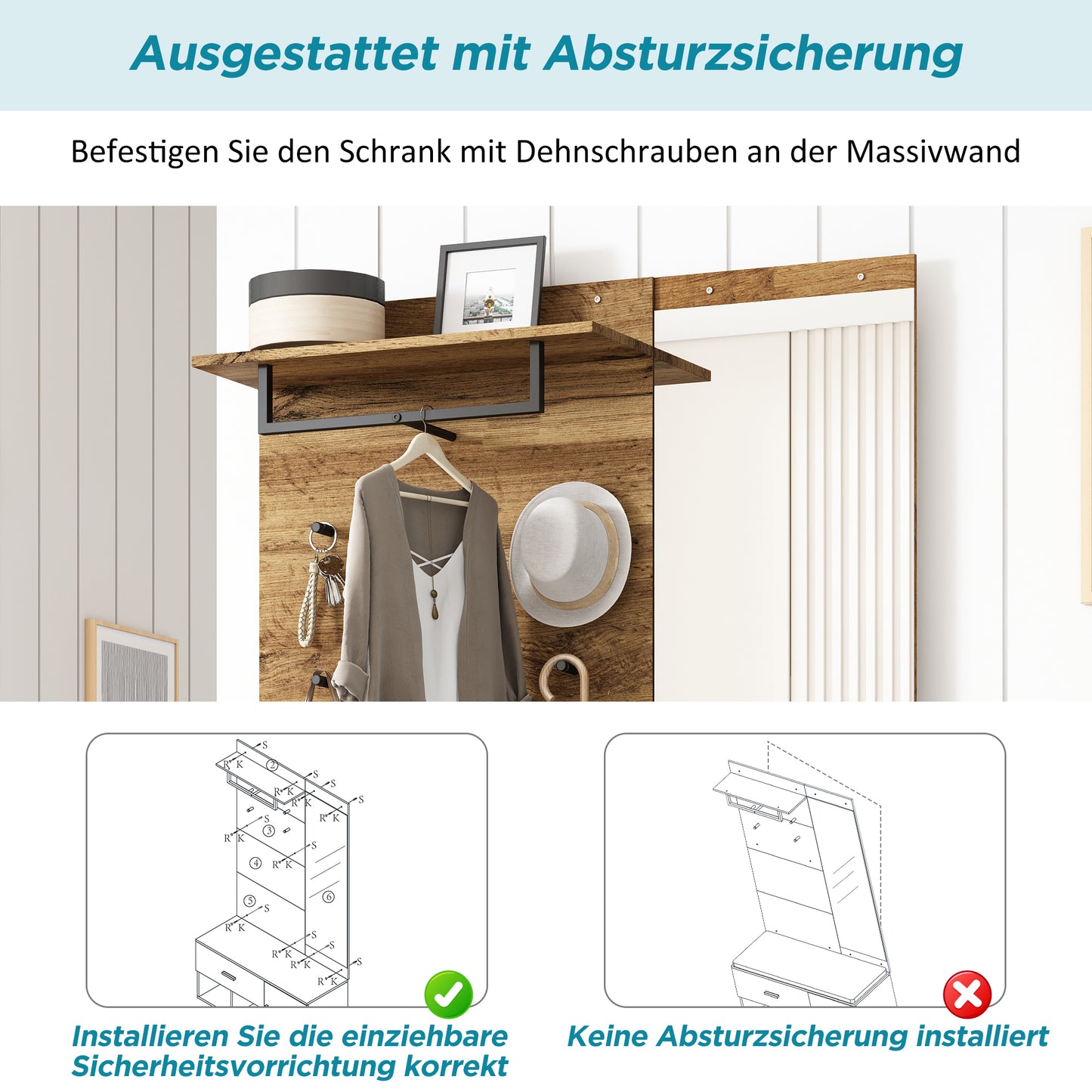 Garderoben Set in Holzoptik mit Spiegel, Schuhbank (104 x 39 cm) mit Polster, Schuhschrank, Schublade, Regal, Kleiderhaken – Praktisches Design für den Eingangsbereich