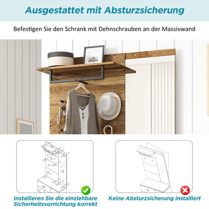 Garderoben Set in Holzoptik mit Spiegel, Schuhbank (104 x 39 cm) mit Polster, Schuhschrank, Schublade, Regal, Kleiderhaken – Praktisches Design für den Eingangsbereich