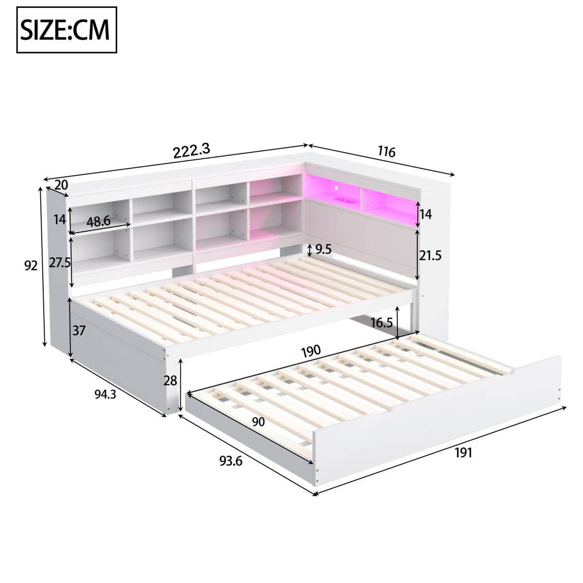 Massivholz-Einzelbett 90x200 Weiß mit Ausziehbett - Multifunktionales Schlafsofa inkl. LED, USB-Steckdose, Regalen & viel Stauraum, Weiß