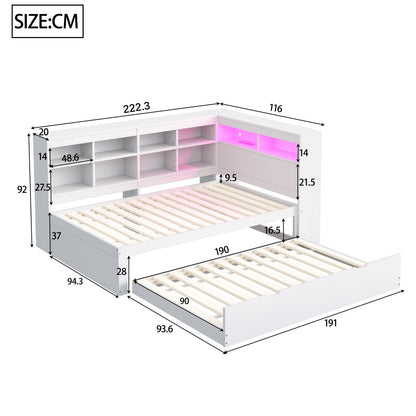 Massivholz-Einzelbett 90x200 Weiß mit Ausziehbett - Multifunktionales Schlafsofa inkl. LED, USB-Steckdose, Regalen & viel Stauraum, Weiß