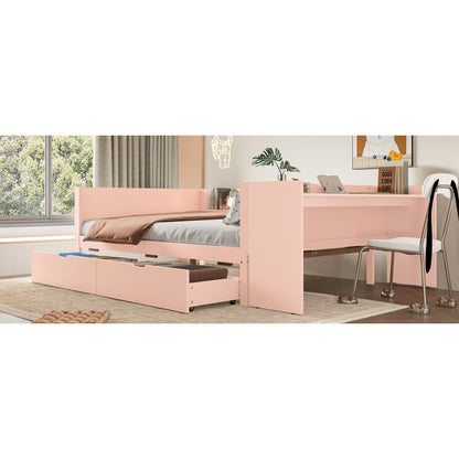 Flachbett, Holzbett, 140x200cm, mit Schreibtisch, ausgestattet mit 2 Schubladen, Doppelbett(Ohne Matratze), mit Regalen, Kiefer + Spanplatte, Rosa