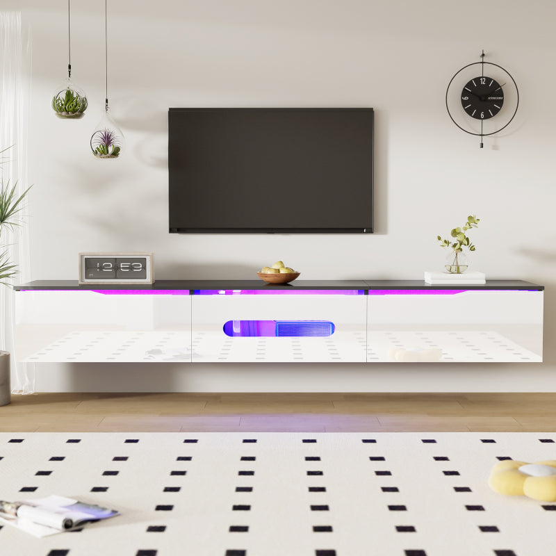 Schwarz-weißer TV-Schrank, 180 cm lang, Hochglanzoberfläche, mit 16-farbiger LED-Beleuchtung, wandmontierbar
