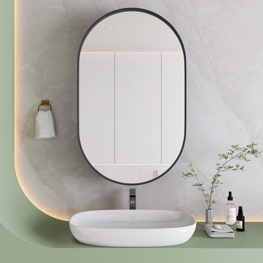 Stylish Oval Mirror Cabinet, Recessed Medicine Cabinet, Wall Cabinet with Metal Framed, Mirror and Adjustable Shelves, Mirror Cabinet with Storage for Bathroom, Living Room and Bedroom, Black