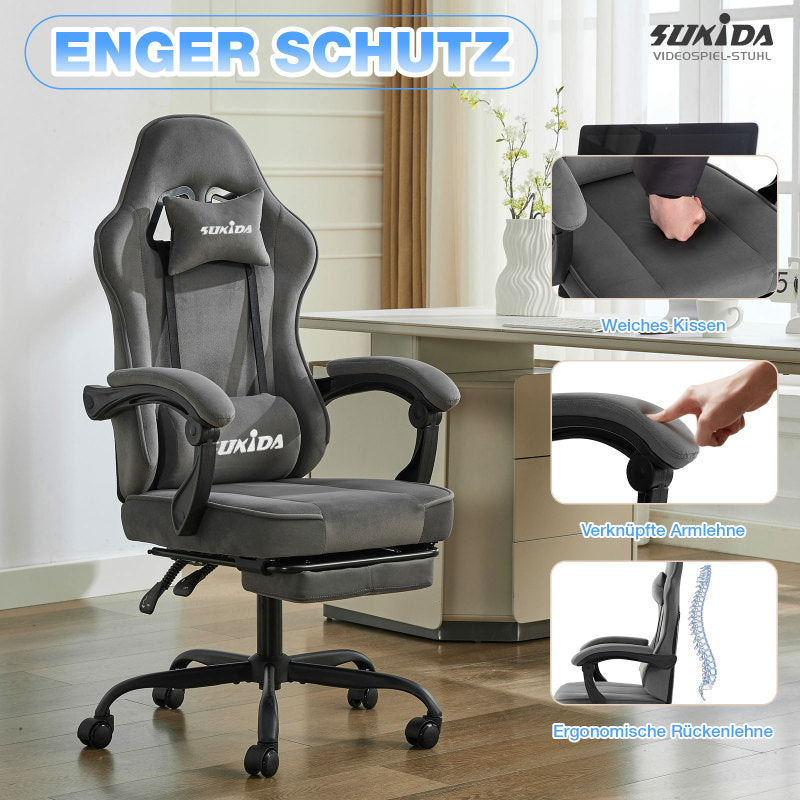 Gaming Stuhl Stoff, Ergonomischer Gaming Chair mit Fußstütze, Verstellbarer Racing Computerstuhl mit Lordosenstütze, Grau Ergonomisch PC-Stuhl
