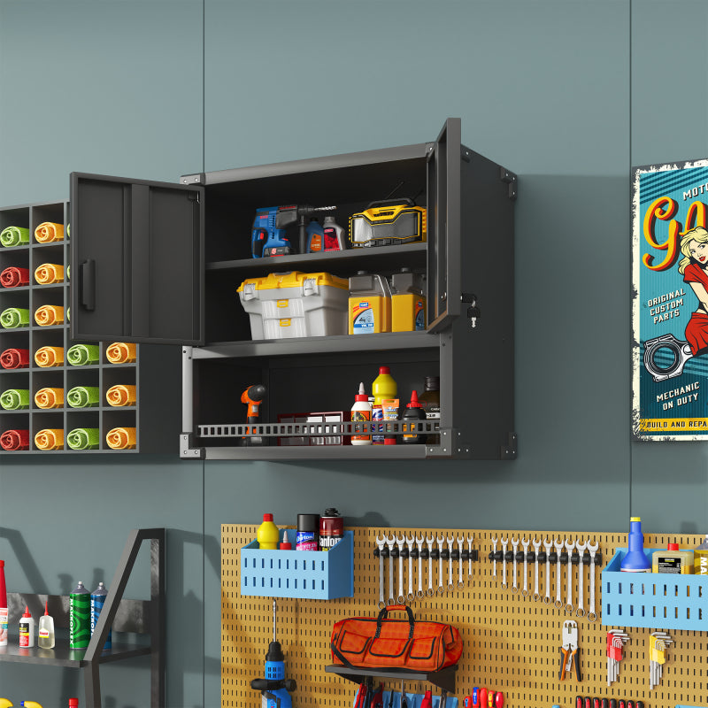 Metall Wandmontage Werkzeug Schrank mit Tür und Fach, Metallwandregal mit Schloss für Garage, Werkstatt, Büro - Umweltfreundlich, Robust, Montageerforderlich, H 77 cm × B 80 cm × T 30 cm
