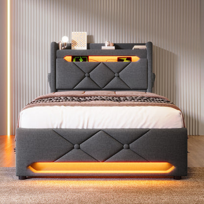 Polsterbett Einzelbett 90*200, Stauraum Kopfteil mit USB und Typ C-Port ,360-Surround-LED-Funktion rund um Kopf- und Fußende des, Betten mit Hydraulisch Stauraum, Grau , Leinen(Mit Matratze)