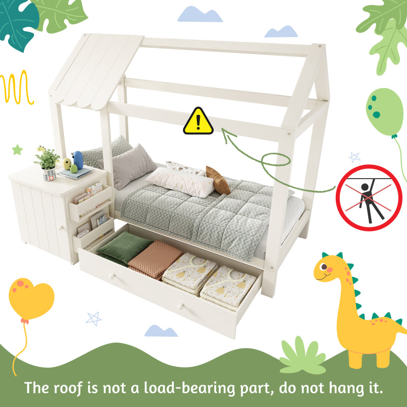 Hausbett Kinderbett 90x200 cm aus Massivholz mit Schubladen & abnehmbarem Nachttisch - Bodenbett in Weiß, ohne Matratze
