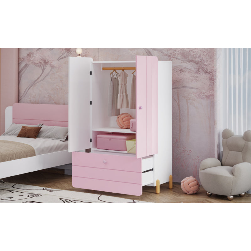 Geräumiger Kleiderschrank mit minimalistischen Linien und zarten holzfarbenen Füßen mit Staufächern, Schubladen und Kleiderbügeln, Farbblock-Design, Rosa