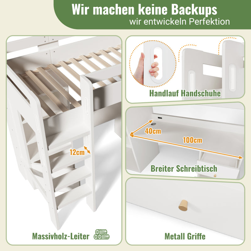 Kinderbett Hochbett mit USB-C Schreibtisch, Kleiderschrank und Aktenschrank, Jugendbett  Einzelbett mit Treppe und Lattenrost, Stauraum,90×200, Ohne Matratze