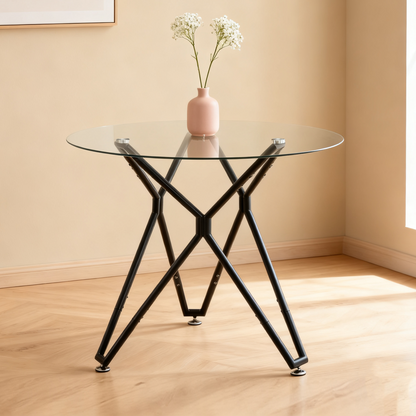 Esstisch Rund 90 cm Schwarz, Glastisch mit Gehärtetem Glas & Metallbeinen, Modernes Design