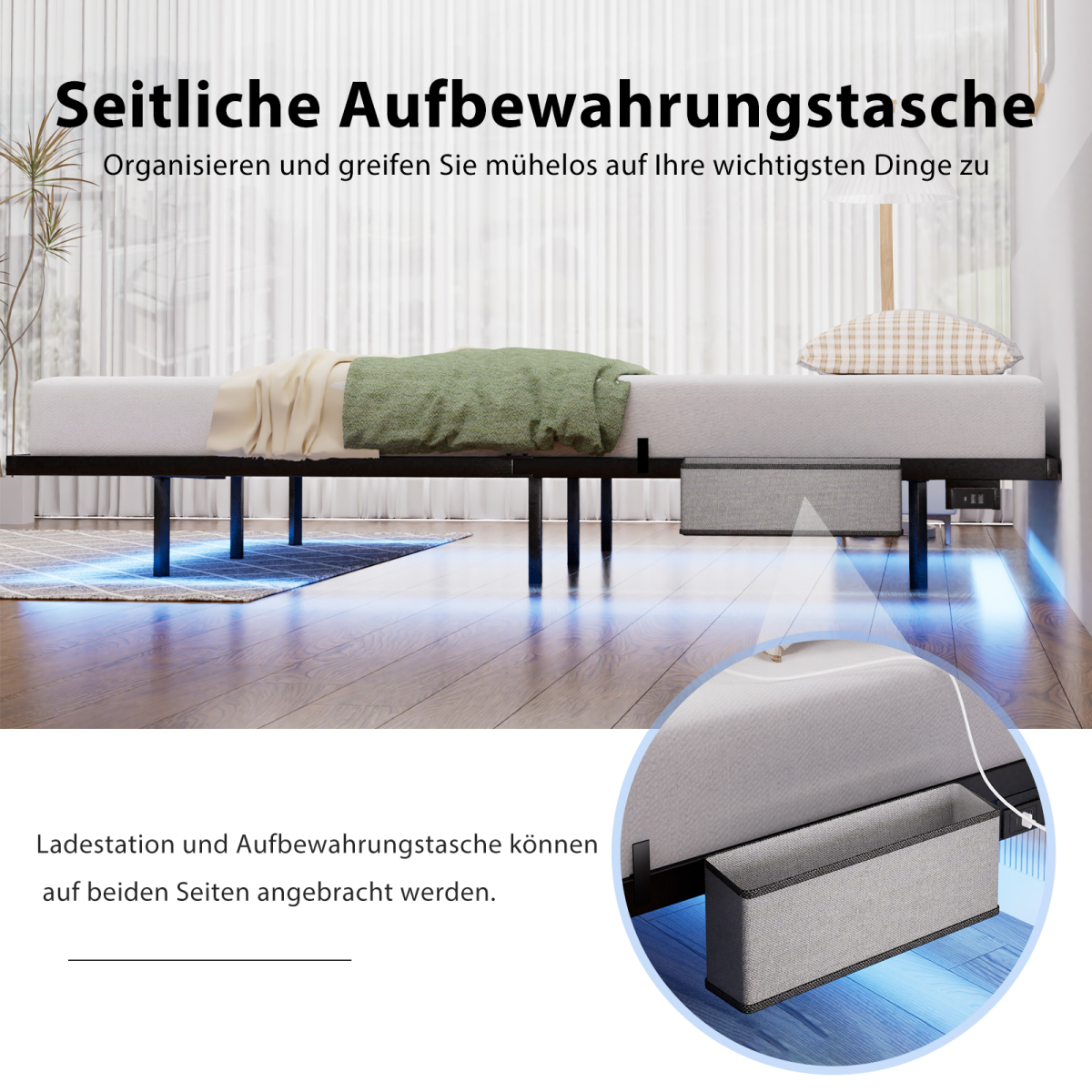Schwebebett 140x200 Schwarz, Metallbett mit RGB LED (App & Musik Sync), Ladestation (USB/Typ-C), Schwebeoptik