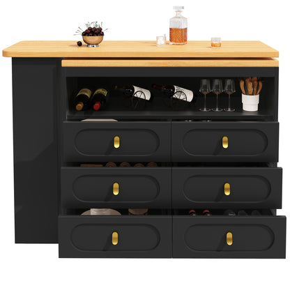 Bartisch ausziehbar 138-203cm, 360° drehbarer Stehtisch mit 6 Schubladen & Snack-Regal, moderner Küchentisch, Schreibtisch & Bar, Schwarz