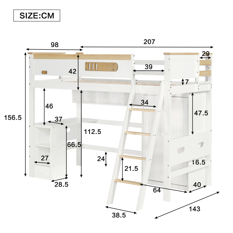 Etagenbett, Kinderbett, mit Fallschutzgitter, mit Tisch und Kleiderschrank, Offenes Regal, Reichlich Stauraum, Mit vierstufiger Leiter, Kiefer+MDF+Sperrholz, Weiß+Natur, 90x200cm