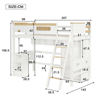 Etagenbett, Kinderbett, mit Fallschutzgitter, mit Tisch und Kleiderschrank, Offenes Regal, Reichlich Stauraum, Mit vierstufiger Leiter, Kiefer+MDF+Sperrholz, Weiß+Natur, 90x200cm