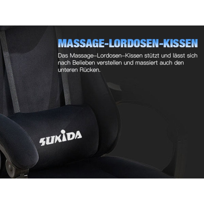 Gaming Stuhl Stoff, Ergonomischer Gaming Chair mit Fußstütze, Verstellbarer Racing Computerstuhl mit Lordosenstütze, Schwarz Ergonomisch PC-Stuhl